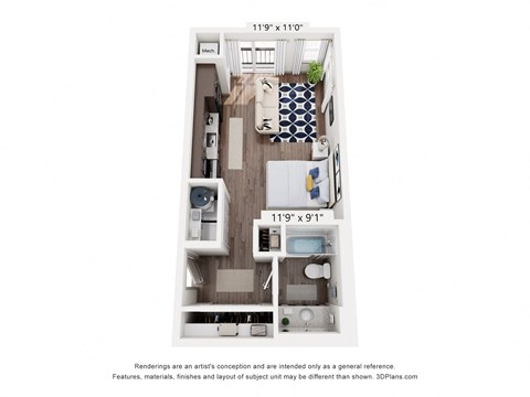 Floor plan for studio, 1 bath, 494 sqft